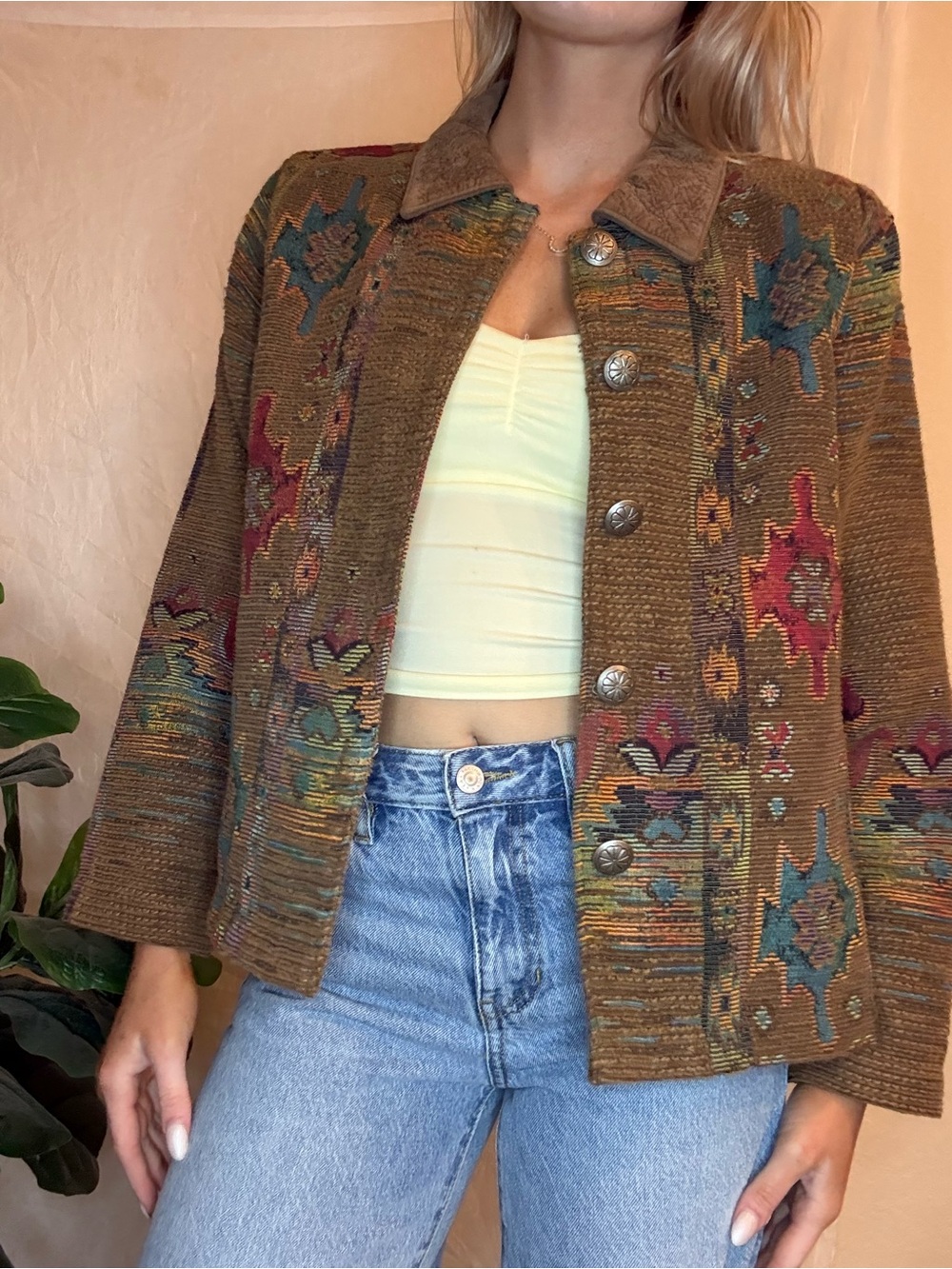 Vintage Souther Western Tapestry Jacket - Bohemian Concho Buttons Aztec Chore